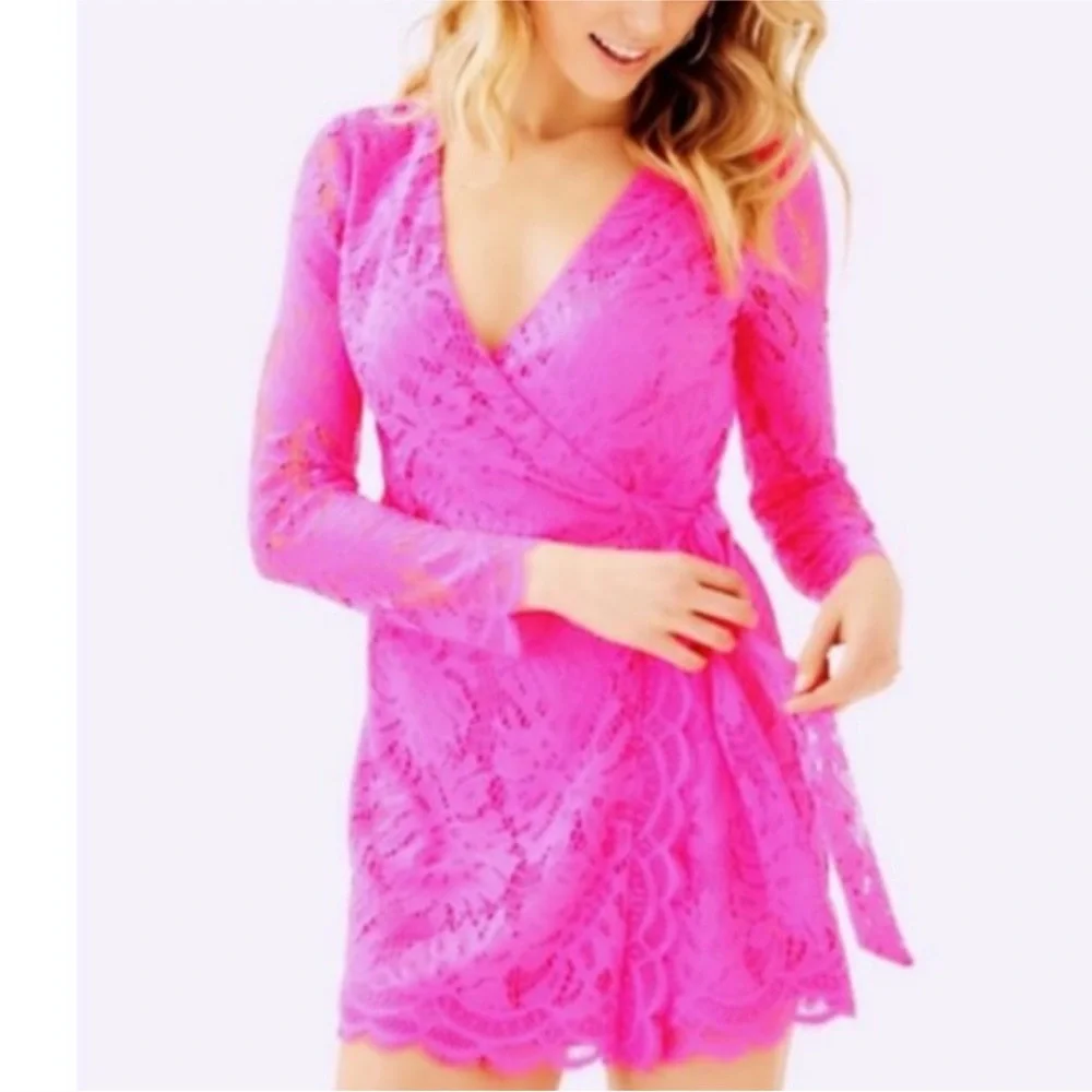 Lilly Pulitzer lace Tiki Wrap Romper In Pink size small dress shorts 1-pc - Picture 1 of 10